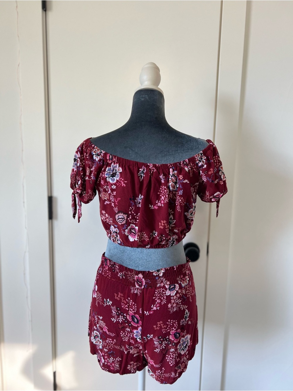 TILT Burgundy Floral Off-Shoulder Two Piece Crop Top and Shorts
